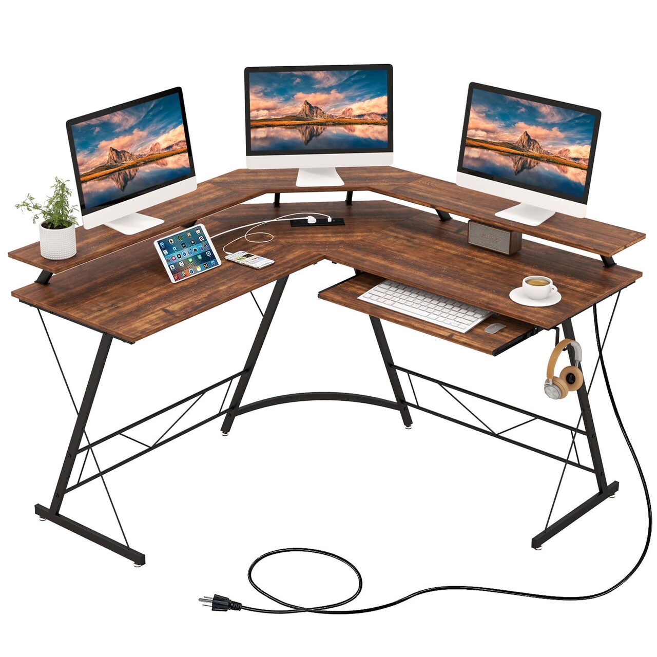 Costway L-shaped Computer Desk with Power Outlet 51" Corner Computer Workstation Rustic Brown/Black